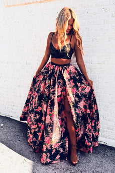 2 Piece Black Red Flower Spaghetti Straps A Line Maxi Prom Dress