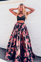 Load image into Gallery viewer, 2 Piece Black Red Flower Spaghetti Straps A Line Maxi Prom Dress