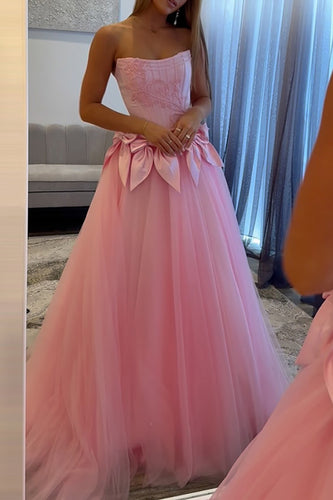 Strapless Pink Tulle A Line Ball Gown Maxi Prom Dress with Bow