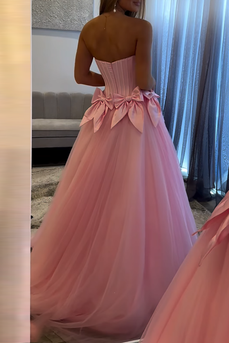 Strapless Pink Tulle A Line Ball Gown Maxi Prom Dress with Bow