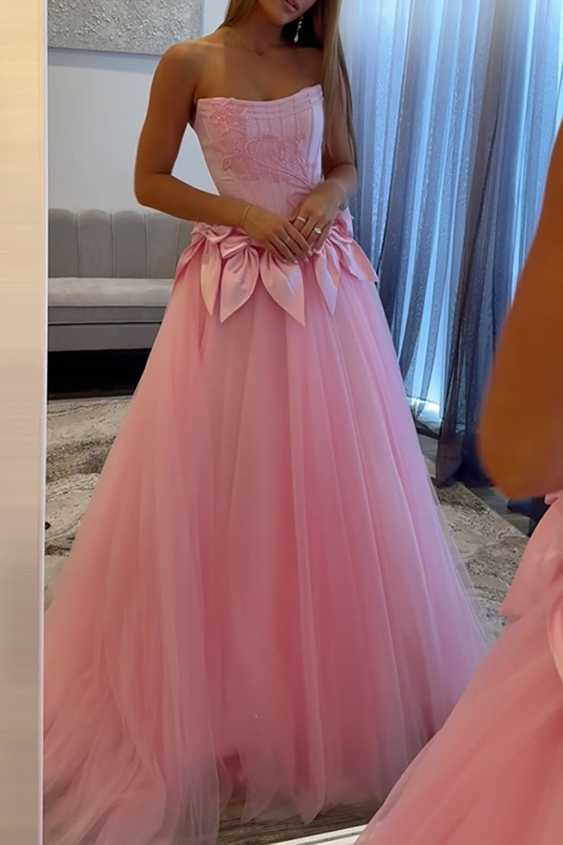 Load image into Gallery viewer, Strapless Pink Tulle A Line Ball Gown Maxi Prom Dress with Bow