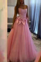 Load image into Gallery viewer, Strapless Pink Tulle A Line Ball Gown Maxi Prom Dress with Bow
