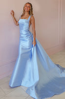 Load image into Gallery viewer, Sparkly Light Blue Beaded Thick Straps Satin Maxi Prom Dress with Side Cape