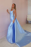 Load image into Gallery viewer, Sparkly Light Blue Beaded Thick Straps Satin Maxi Prom Dress with Side Cape