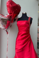 Load image into Gallery viewer, Sparkly Light Blue Beaded Thick Straps Satin Maxi Prom Dress with Side Cape