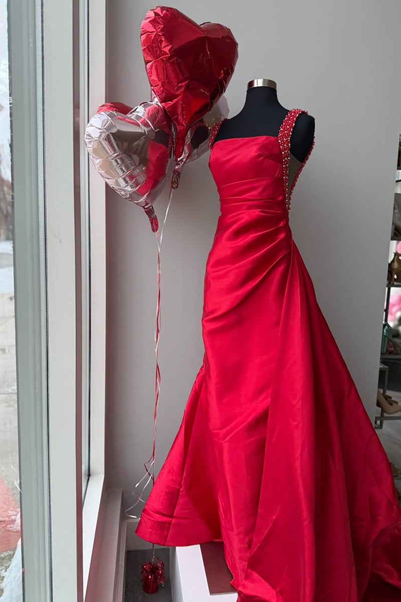 Load image into Gallery viewer, Sparkly Light Blue Beaded Thick Straps Satin Maxi Prom Dress with Side Cape