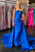 Load image into Gallery viewer, Sparkly Light Blue Beaded Thick Straps Satin Maxi Prom Dress with Side Cape