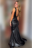 Load image into Gallery viewer, Black V Neck Mermaid Satin Maxi Prom Dress