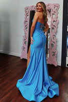 Load image into Gallery viewer, Sparkly Blue Corset Beaded Strapless Maxi Prom Dress with Slit