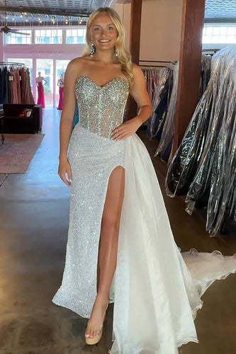 Sparkly White Sweetheart Sequin Maxi Prom Dress with Side Cape
