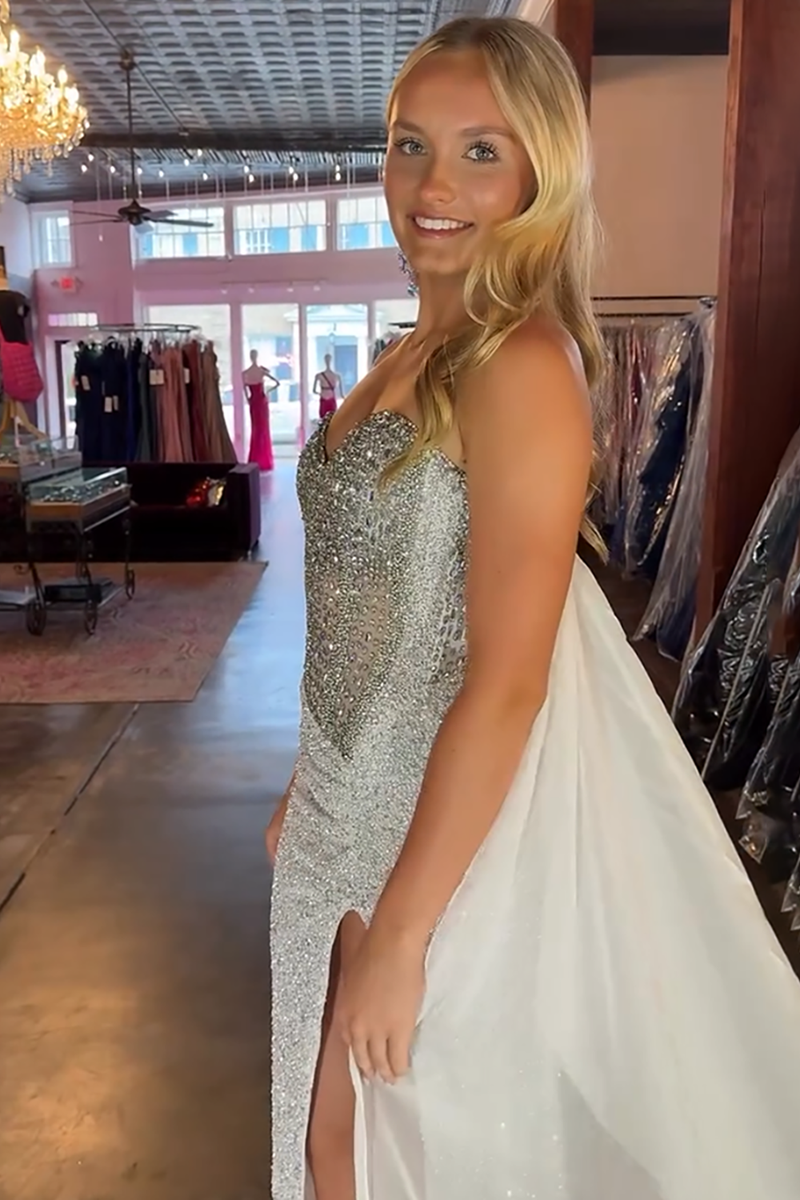 Load image into Gallery viewer, Sparkly White Sweetheart Sequin Maxi Prom Dress with Side Cape