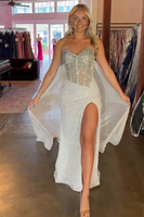 Load image into Gallery viewer, Sparkly White Sweetheart Sequin Maxi Prom Dress with Side Cape