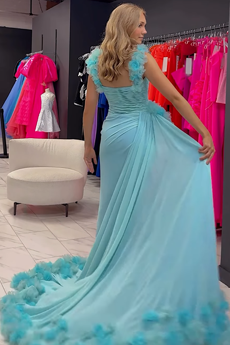 Load image into Gallery viewer, Light Green Flower Ruffled Maxi Prom Dress with Slit