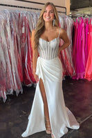 Load image into Gallery viewer, Sparkly White Spaghetti Straps Beaded Corset Maxi Ruched Prom Dress with Slit