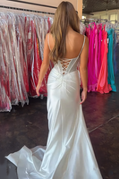 Load image into Gallery viewer, Sparkly White Spaghetti Straps Beaded Corset Maxi Ruched Prom Dress with Slit