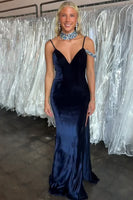 Load image into Gallery viewer, Navy Spaghetti Straps Velvet Mermaid Backless Maxi Holiday Party Dress