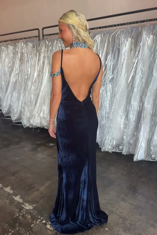 Navy Spaghetti Straps Velvet Mermaid Backless Maxi Holiday Party Dress