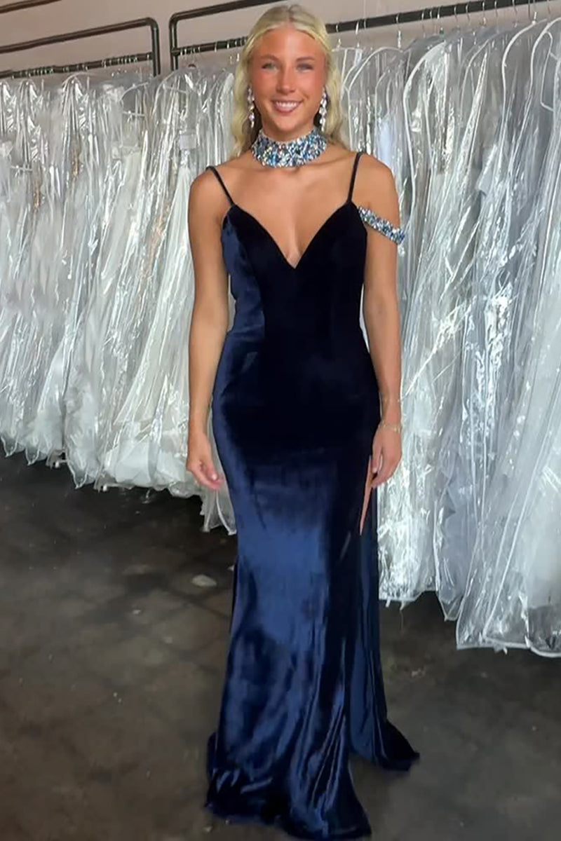 Load image into Gallery viewer, Navy Spaghetti Straps Velvet Mermaid Backless Maxi Holiday Party Dress