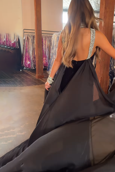 Sparkly Black Mermaid Beaded Maxi Prom Dress with Cape