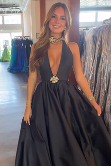 Black A Line Satin Deep V Neck Maxi Prom Dress
