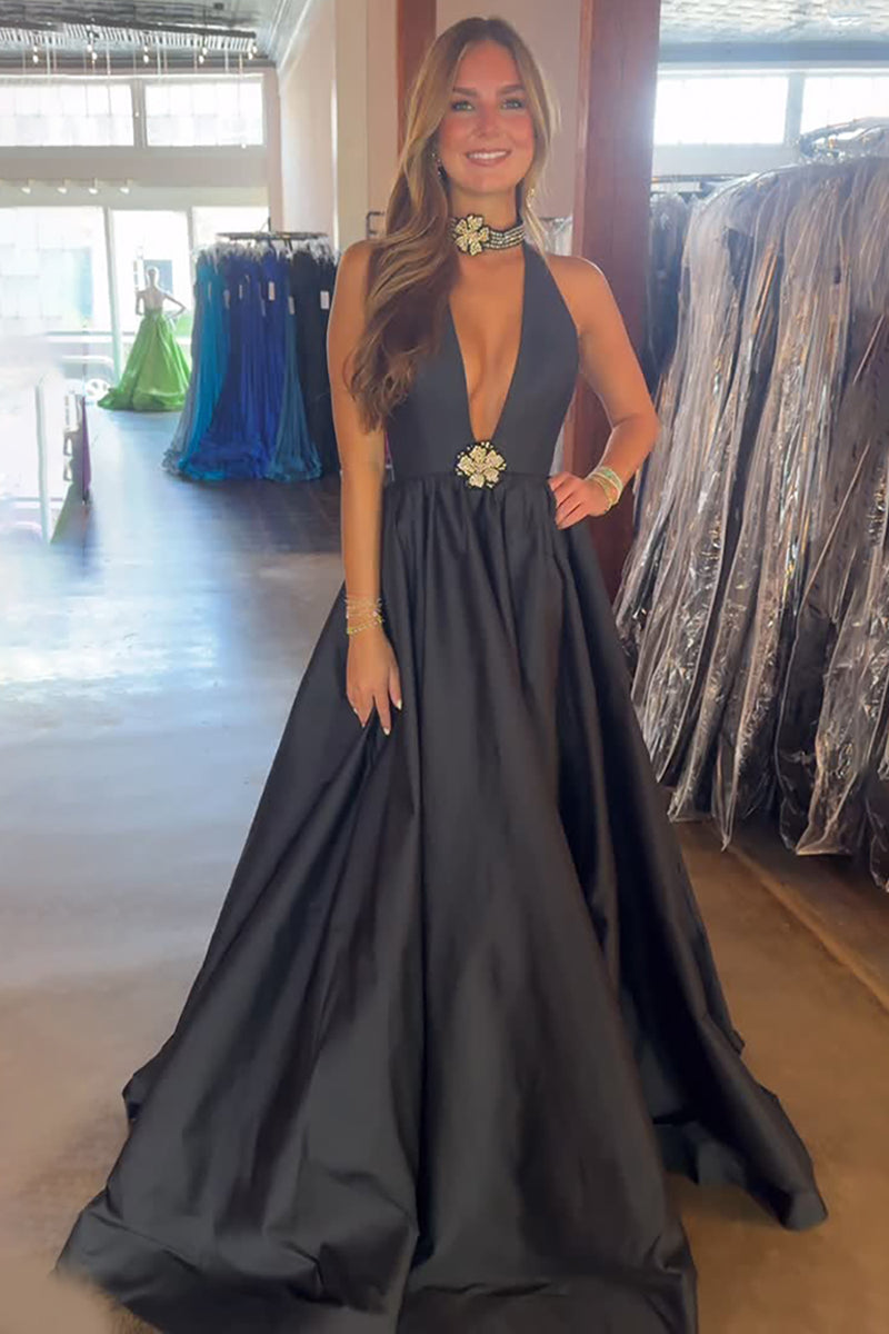 Load image into Gallery viewer, Black A Line Satin Deep V Neck Maxi Prom Dress