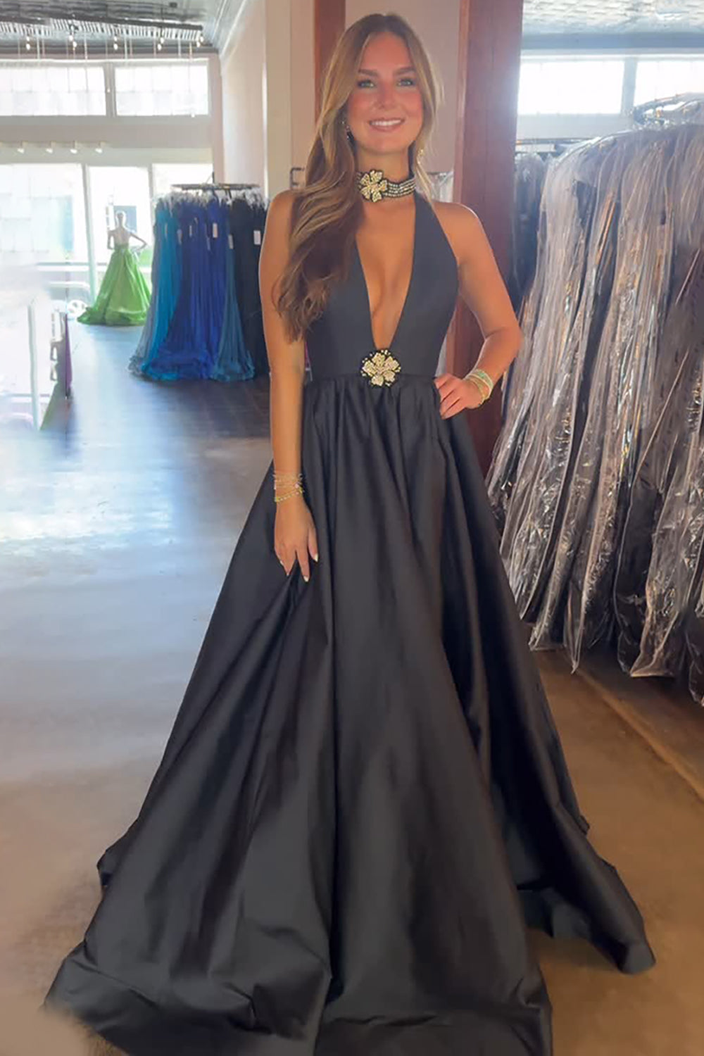 Black A Line Satin Deep V Neck Maxi Prom Dress
