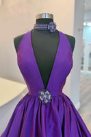 Load image into Gallery viewer, Black A Line Satin Deep V Neck Maxi Prom Dress