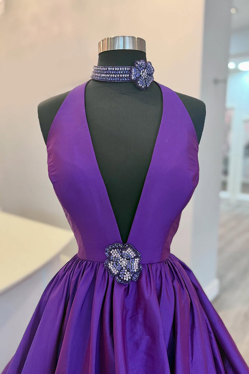 Load image into Gallery viewer, Black A Line Satin Deep V Neck Maxi Prom Dress