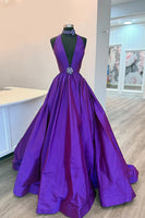 Load image into Gallery viewer, Black A Line Satin Deep V Neck Maxi Prom Dress