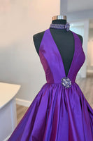 Load image into Gallery viewer, Black A Line Satin Deep V Neck Maxi Prom Dress