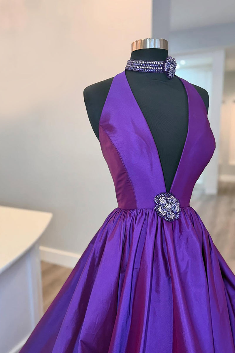 Load image into Gallery viewer, Black A Line Satin Deep V Neck Maxi Prom Dress