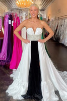 Load image into Gallery viewer, Sparkly Black and White Strapless A Line Maxi Prom Dress with Beading