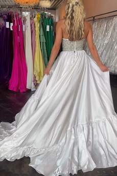 Sparkly Black and White Strapless A Line Maxi Prom Dress with Beading