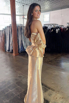 Gold Strapless Sheath Long Prom Dress with Bow