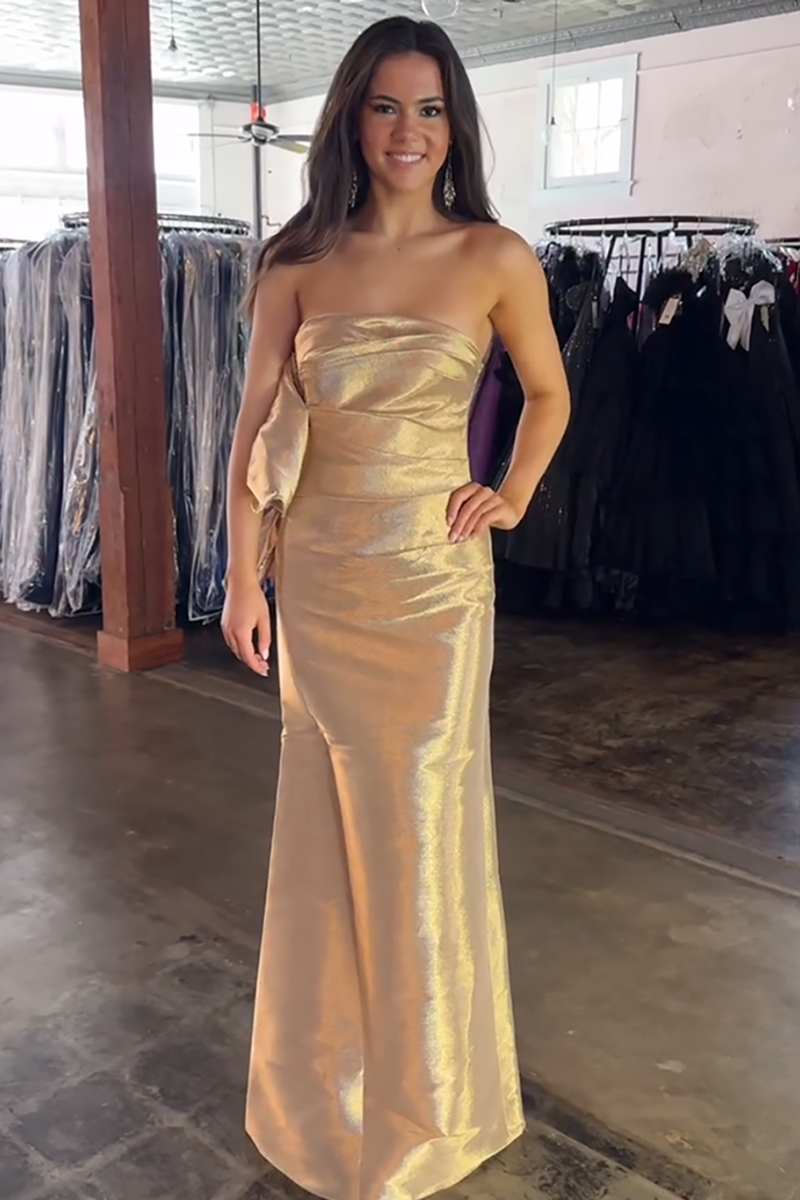 Load image into Gallery viewer, Gold Strapless Sheath Long Prom Dress with Bow