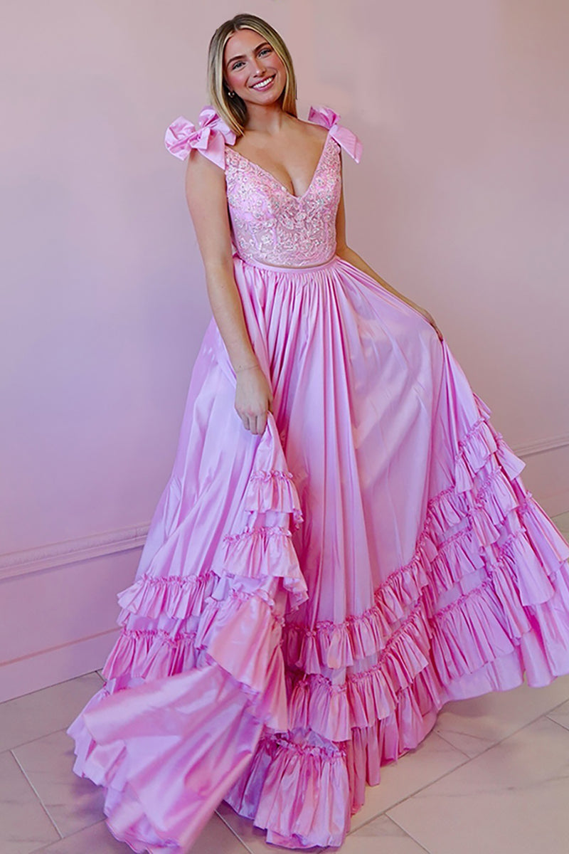 Load image into Gallery viewer, Pink V Neck Ruffled A Line Maxi Prom Dress with Appliques