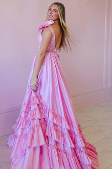 Pink V Neck Ruffled A Line Maxi Prom Dress with Appliques