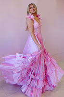 Load image into Gallery viewer, Pink V Neck Ruffled A Line Maxi Prom Dress with Appliques
