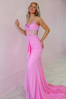 Load image into Gallery viewer, Sparkly Pink Spaghetti Straps Mermaid Maxi Corset Prom Dress with Beading