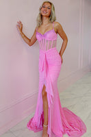 Load image into Gallery viewer, Sparkly Pink Spaghetti Straps Mermaid Maxi Corset Prom Dress with Beading