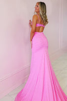 Load image into Gallery viewer, Sparkly Pink Spaghetti Straps Mermaid Maxi Corset Prom Dress with Beading