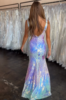 Load image into Gallery viewer, Sparkly Silver V Neck Mermaid Sequin Maxi Prom Dress