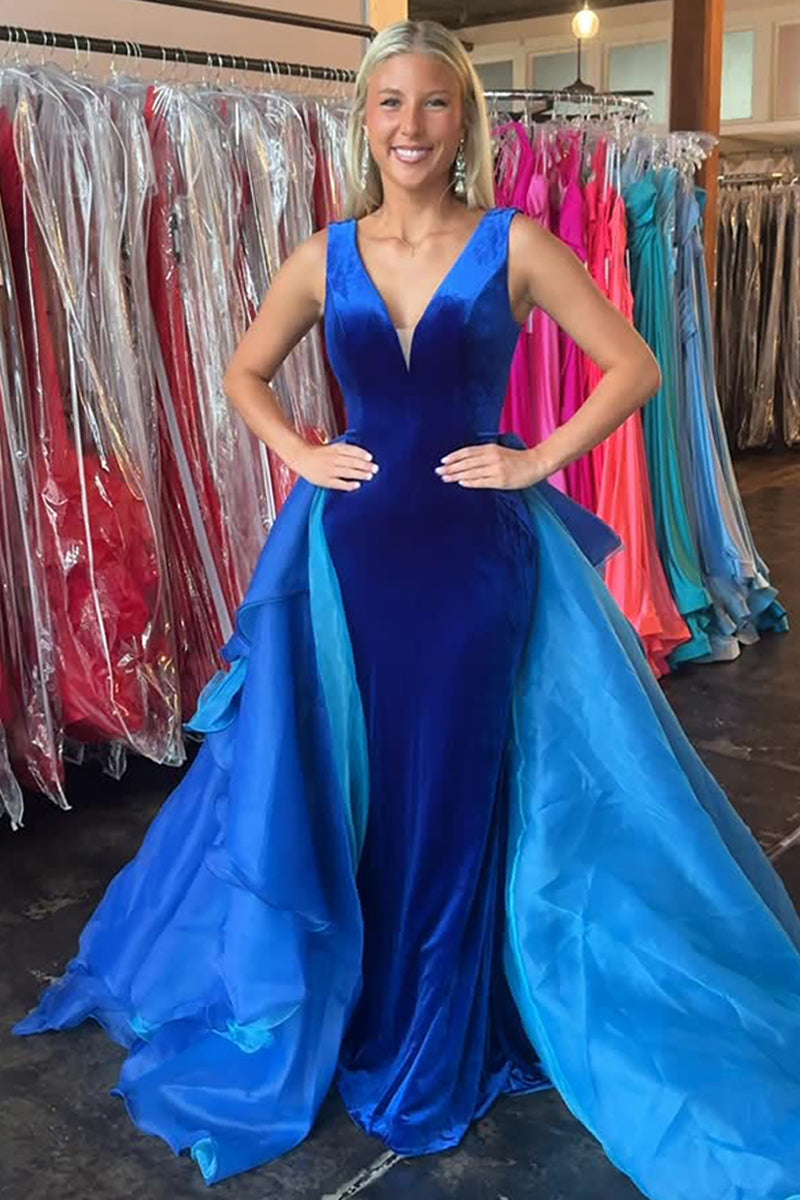 Load image into Gallery viewer, Royal Blue V Neck Mermaid Maxi Prom Dress with Cape