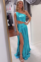 Load image into Gallery viewer, Turquoise Metallic One Shoulder Cut Out Long Prom Dress with Slit