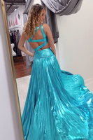 Load image into Gallery viewer, Turquoise Metallic One Shoulder Cut Out Long Prom Dress with Slit