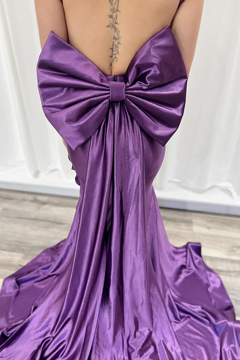 Load image into Gallery viewer, Purple Thick Straps Ruffled Maxi Corset Prom Dress with Bow