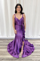 Load image into Gallery viewer, Purple Thick Straps Ruffled Maxi Corset Prom Dress with Bow