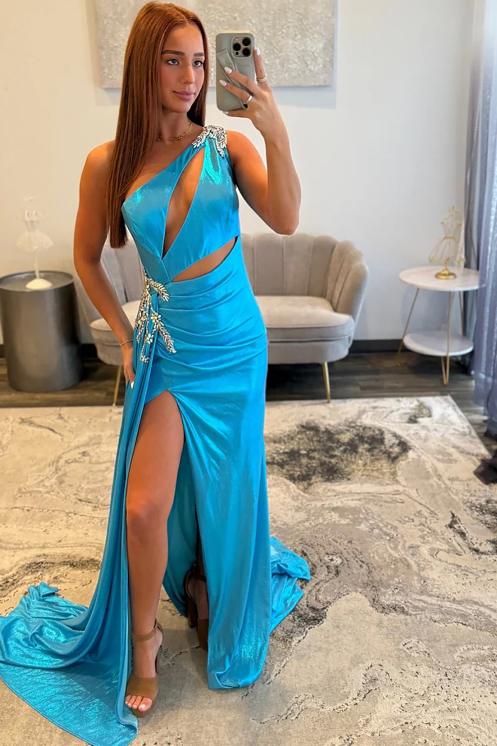 Blue One Shoulder Mermaid Cut Out Maxi Prom Dress with Appliques