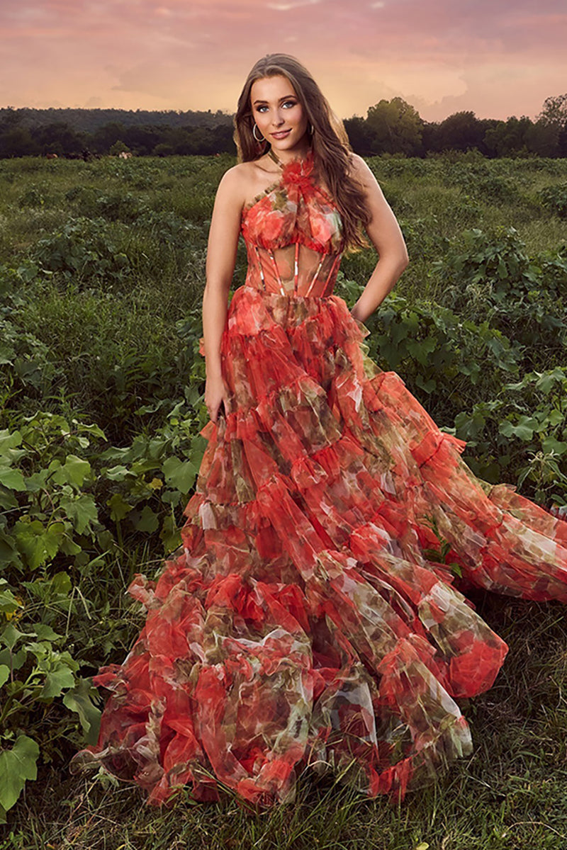 Load image into Gallery viewer, Rust Flower A Line Tulle Halter Maxi Corset Prom Dress with Ruffles