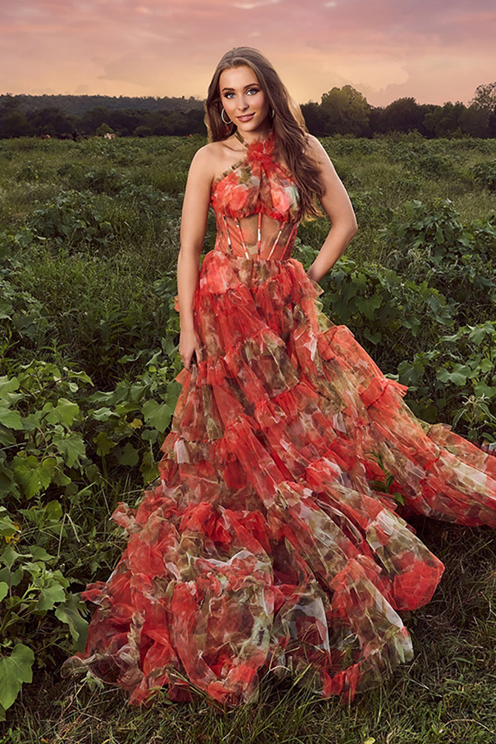 Rust Flower A Line Tulle Halter Maxi Corset Prom Dress with Ruffles